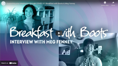 Screenshot of the Breakfast with Boots video podcast between Rebecca Cheetham and Meg Fenney discussing covid-19 employee support