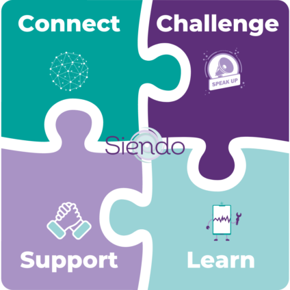 Siendo Designed Psychological Safety Model, showing four key elements as 'connect', 'challenge', 'support' and 'learn'.